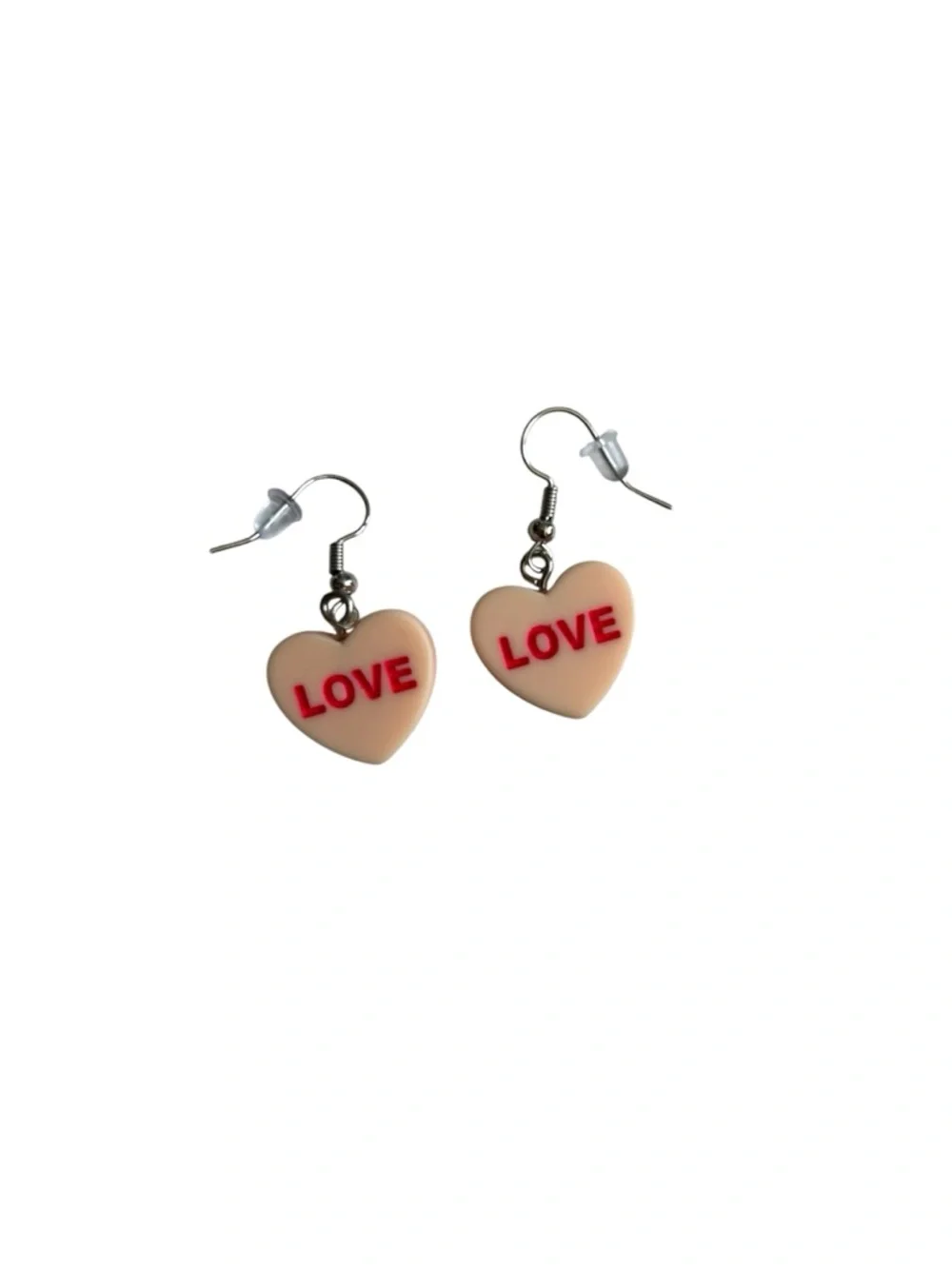 Conversation Hearts Love Dangle Drop Earrings in Peach with Pink Lettering